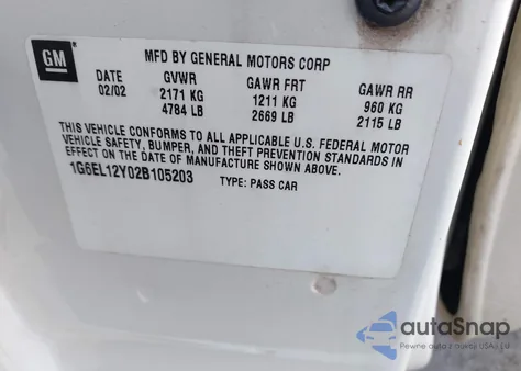 2002 Cadillac Eldorado Esc z USA, uszkodzony, nr VIN 1G6EL12Y02B105203